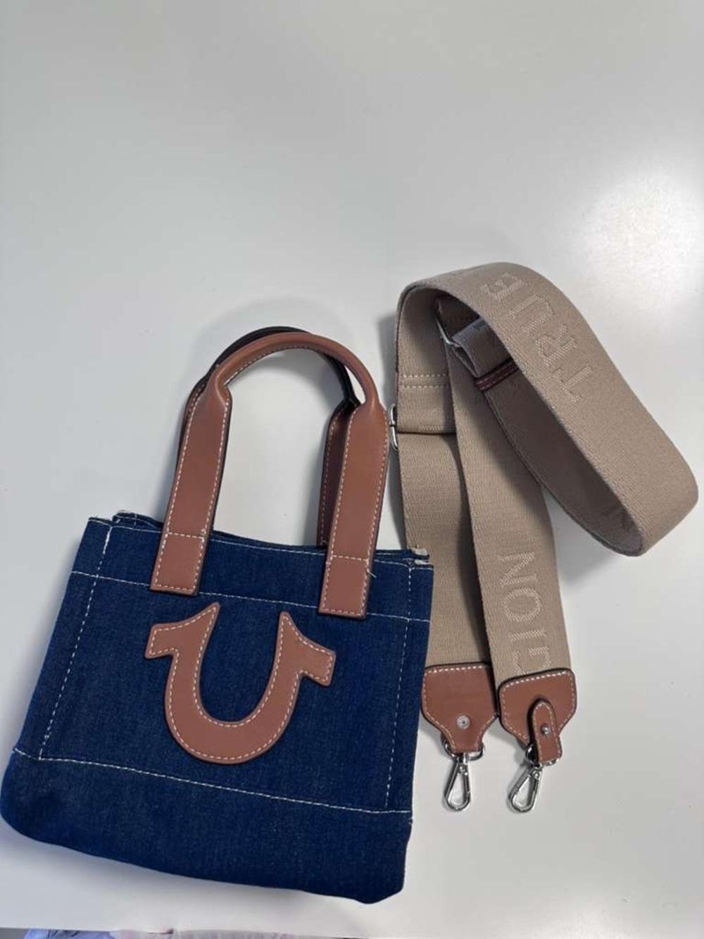True Religion Denim Mini Tote with Brown and Beige Strap